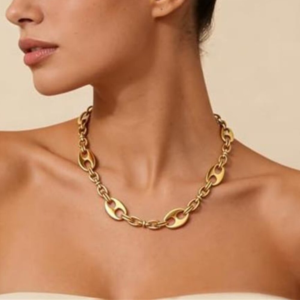 Women's Chunky Gold Necklace 14k Gold Plated Thick Oval Links Chain Choker - Picture 3 of 7